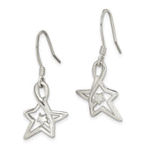 Sterling Silver Diamond-Cut Star Dangle Earrings with Polished Finish for Elegant Style